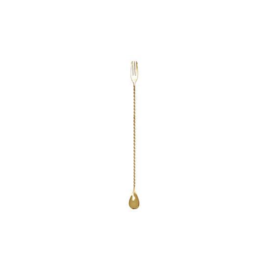 Lžička barmanská s vidličkou 30 cm – zlatá